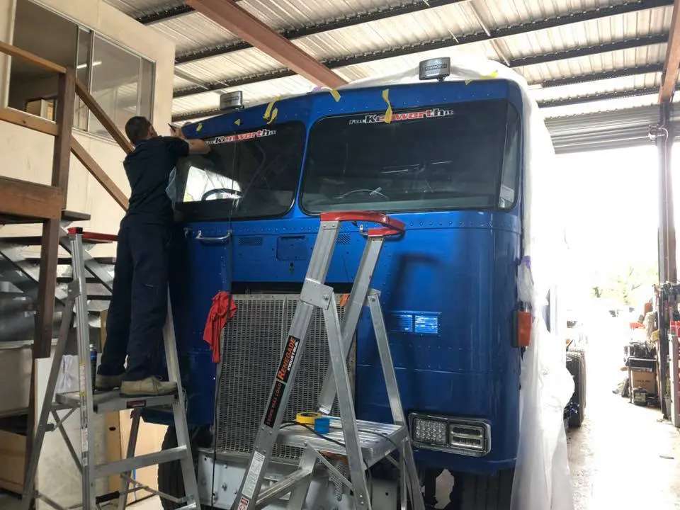 Kenworth cab — windscreen replacement in the workshop