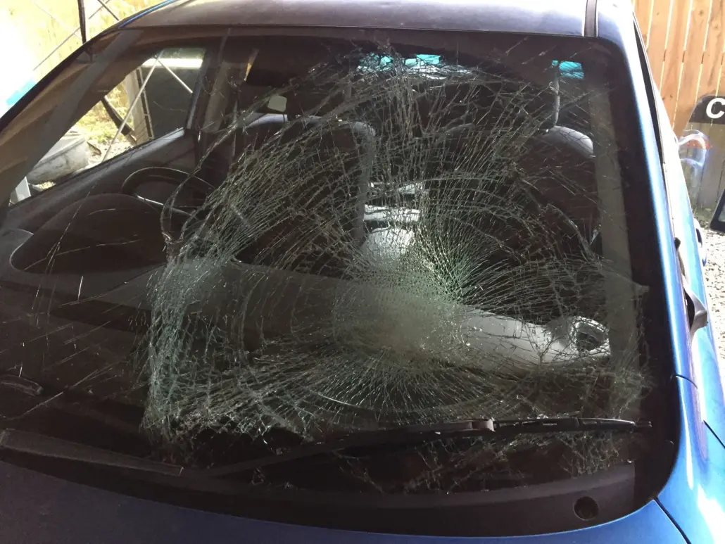 Smashed windscreen awaiting replacement
